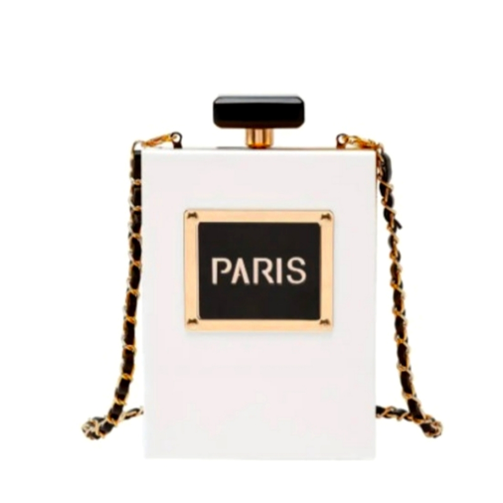 Paris White Perfume Bottle Acrylic Crossbody Clutch – Gold Chain
